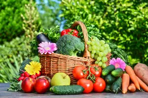 Variety of fresh organic vegetables and fruits in the garden. Balanced diet